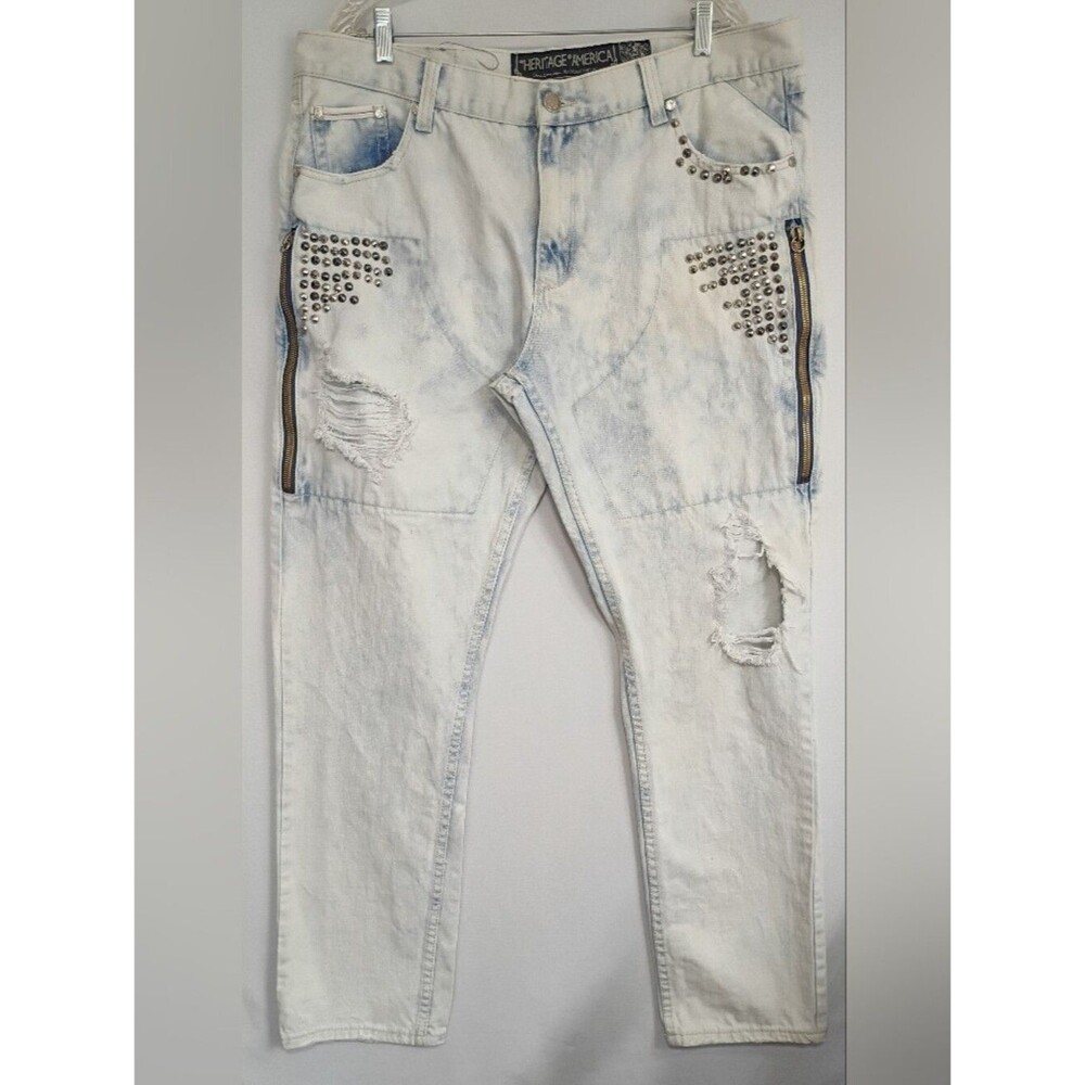 Heritage American Acid Washed Jeans Men's Sz 42/34 Straight Leg Distressed 1776 - Picture 2 of 14